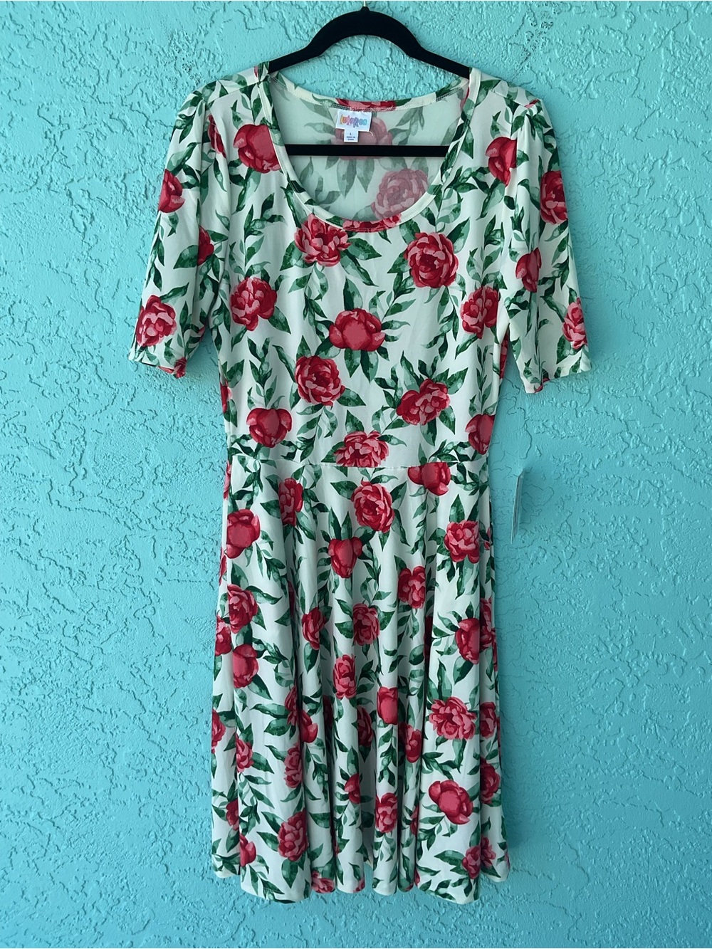 LuLaRoe Nicole Green Floral Midi Dress with Red Roses size Large